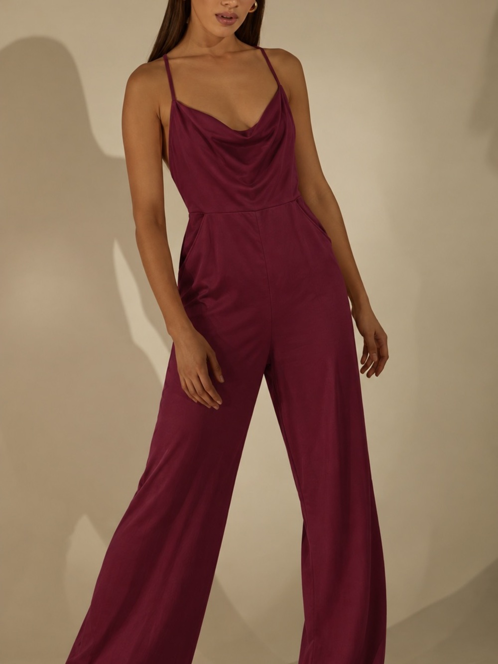 Showpo Draped Cowl Neck Wide-Leg Jumpsuit - Burgundy
